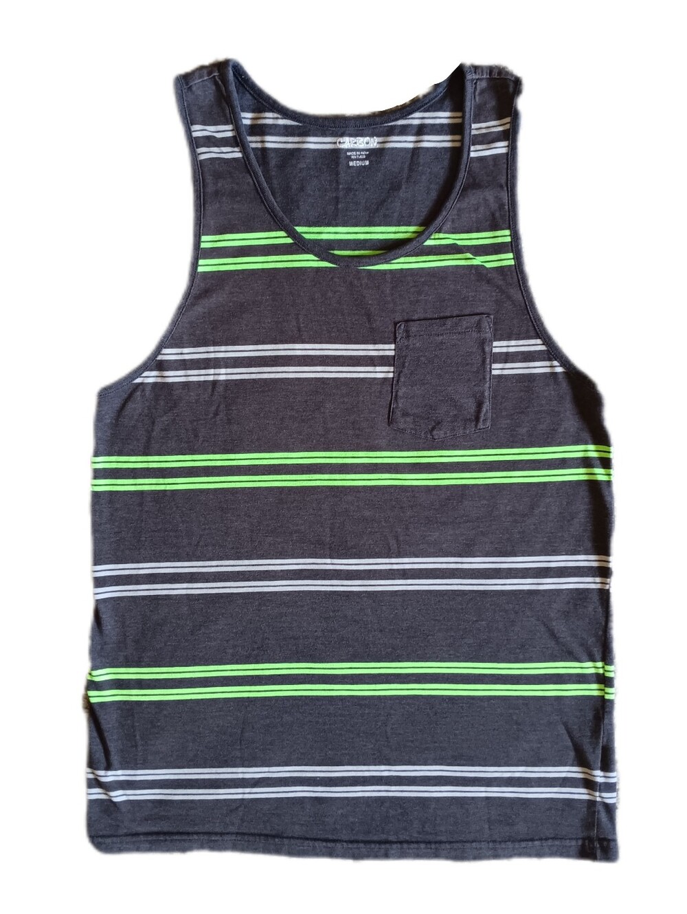 💚 *4/$15* Carbon Tank Top Pocket Sleeveless Striped Gray Green Mens Medium M